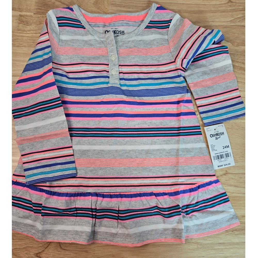 OshKosh B'gosh Toddler Girls 24M Striped Henley Ruffle Tunic Dress Grey Pink